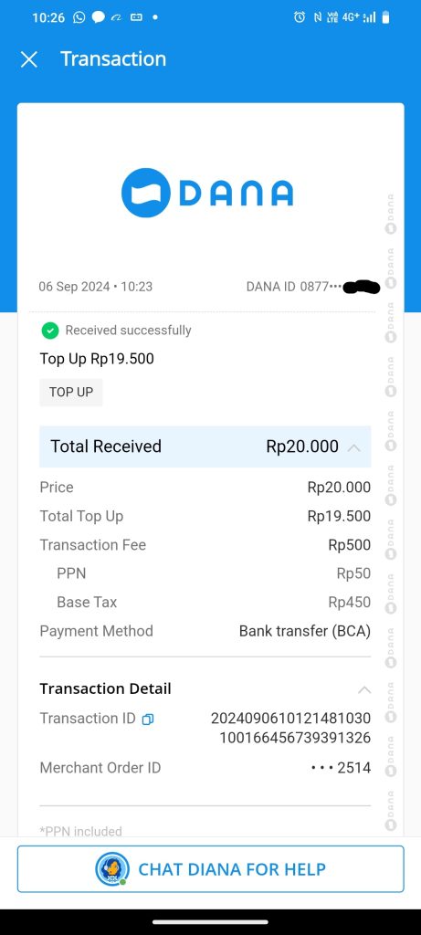 tampilan di aplikasi DANA bahwa top up DANA via mobile banking BCA berhasil