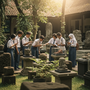 Wisata Sejarah & Heritage di Indonesia. Pengunjung Siswa Sedang Mempelajari Prasasti